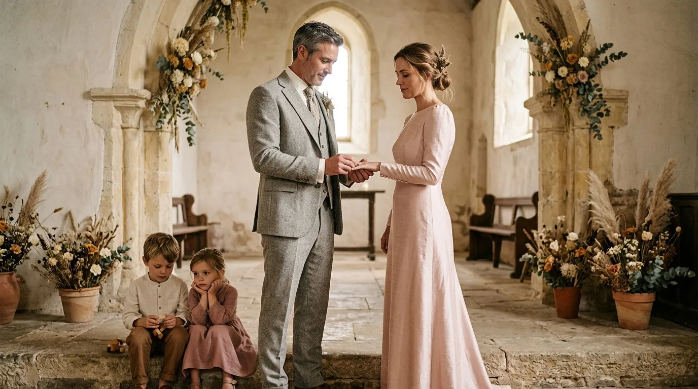 Couple &eacute;change les alliances lors d'une c&eacute;r&eacute;monie de mariage