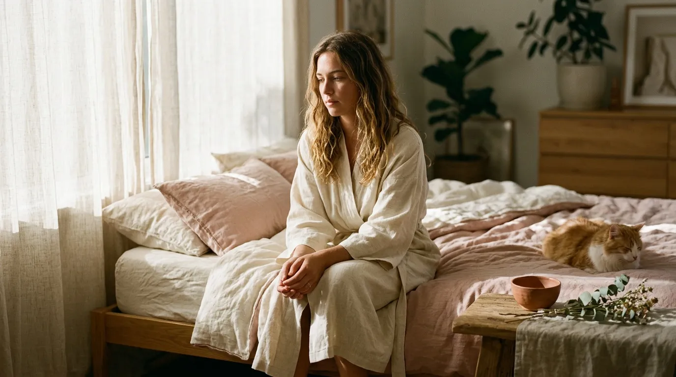 Femme en peignoir assis sur lit lumineuse chambre calme