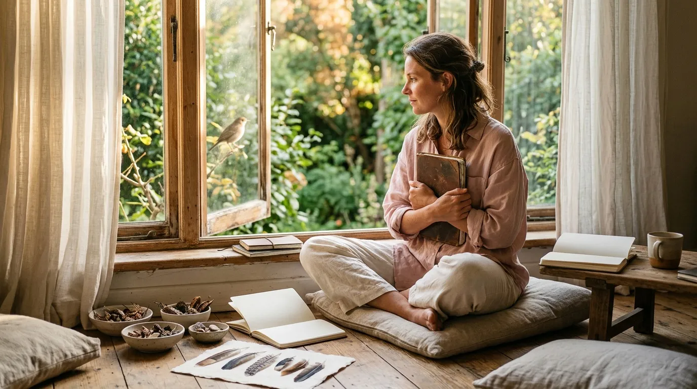 Femme lisant près d'une fenêtre avec vue sur jardin verdoyant