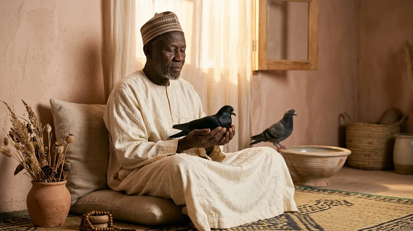 Homme en tenue traditionnelle nourrissant des pigeons à la main