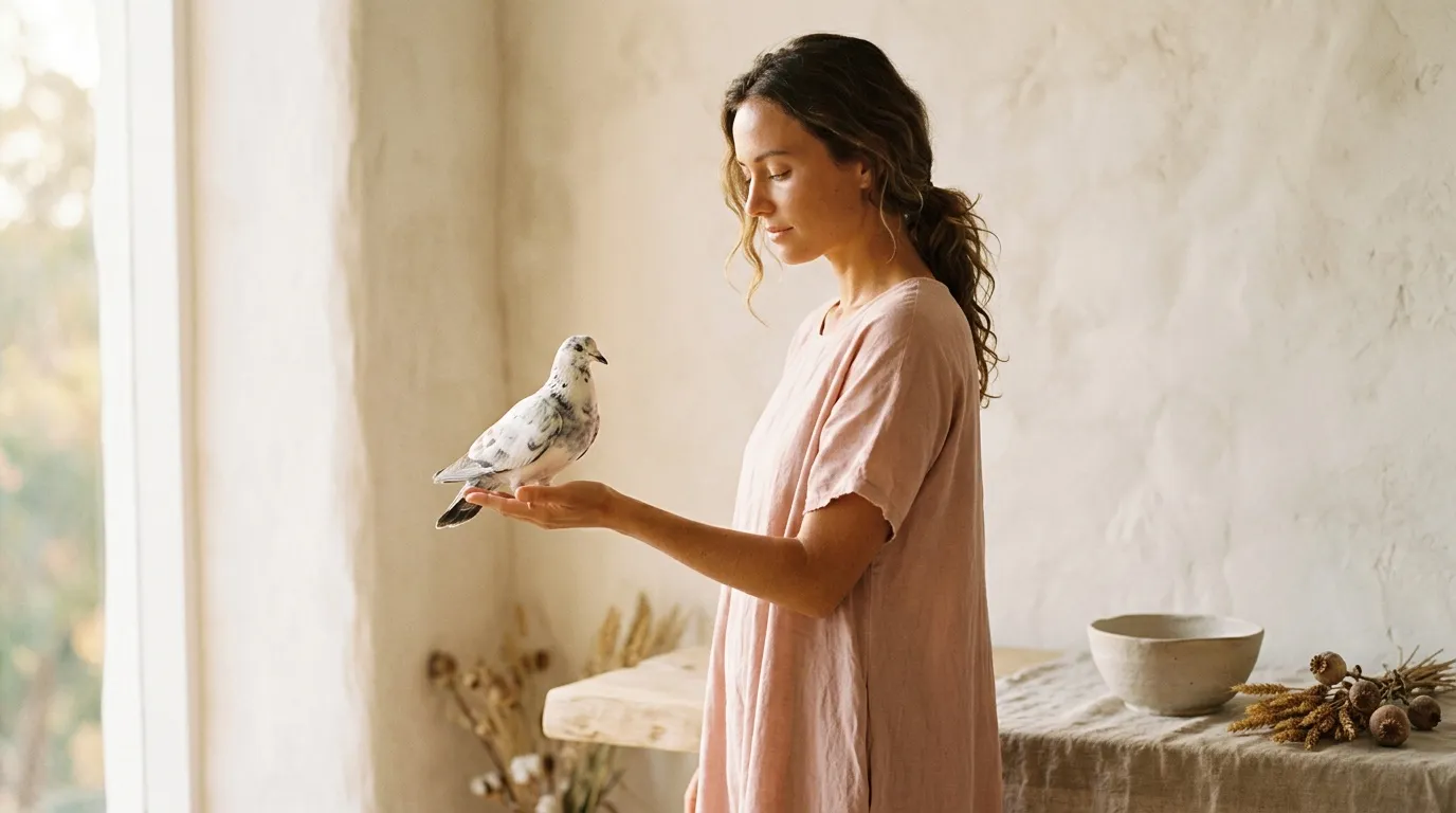 Femme en robe rose tenant un oiseau blanc sur sa main