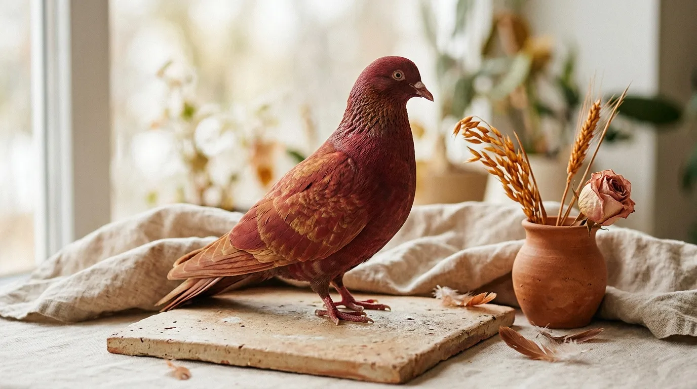 Pigeon bordeaux posé sur pierre avec fleurs séchées