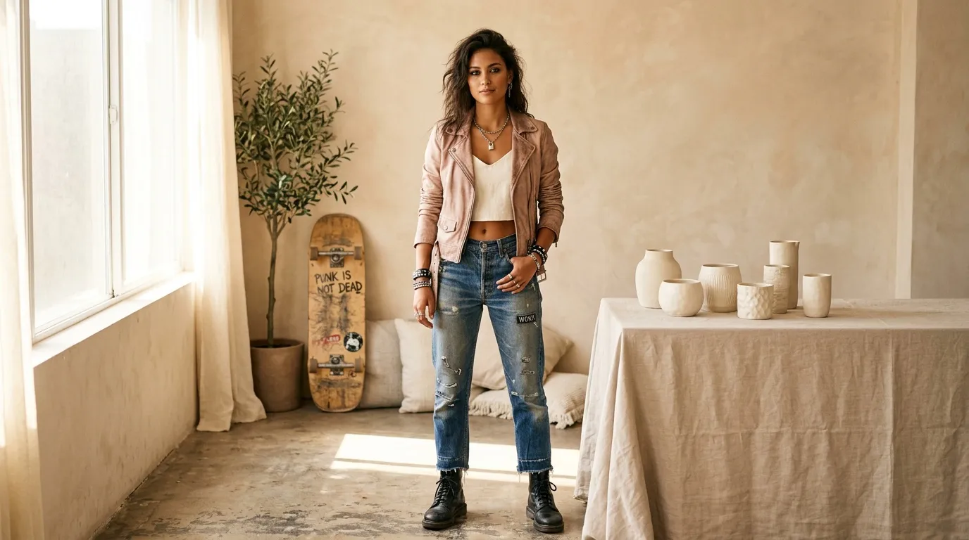 Femme en blazer rose et jeans posant dans galerie blanche