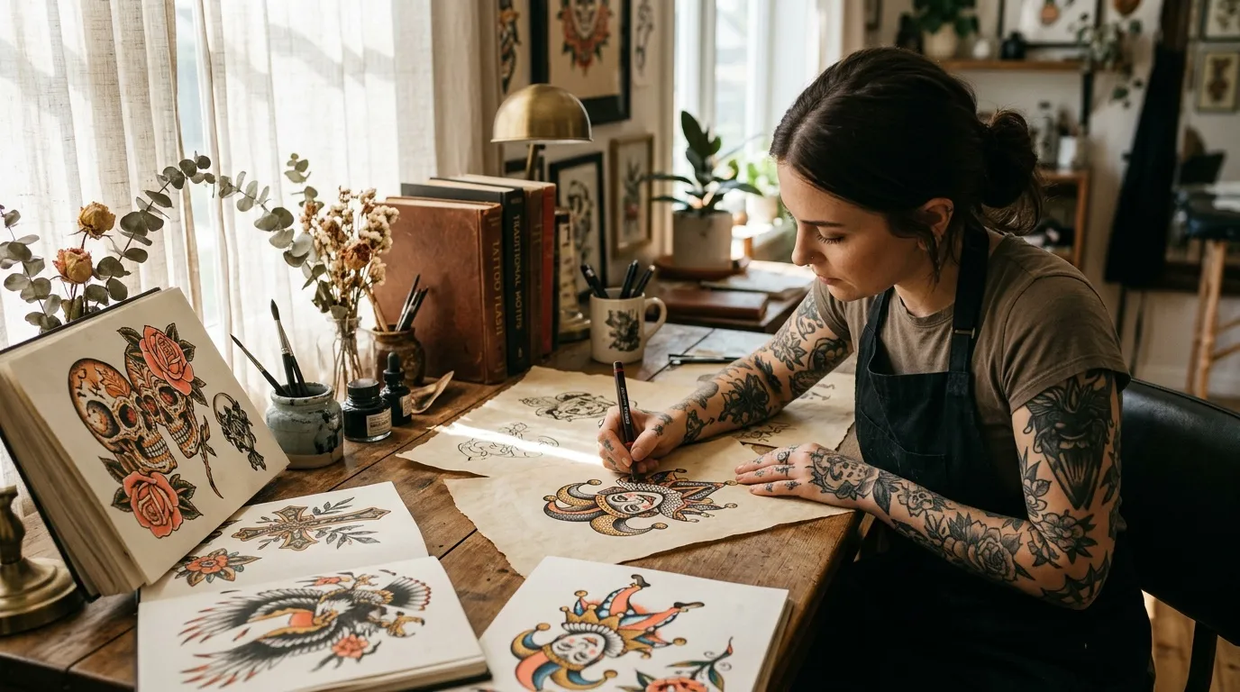 Femme tatouée dessinant des motifs floraux à son bureau