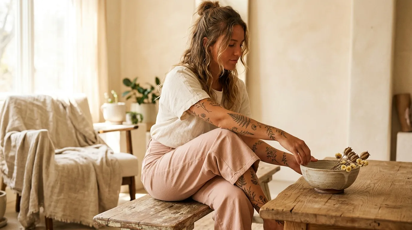 Femme tatouée assise sur un banc dans un salon lumineux