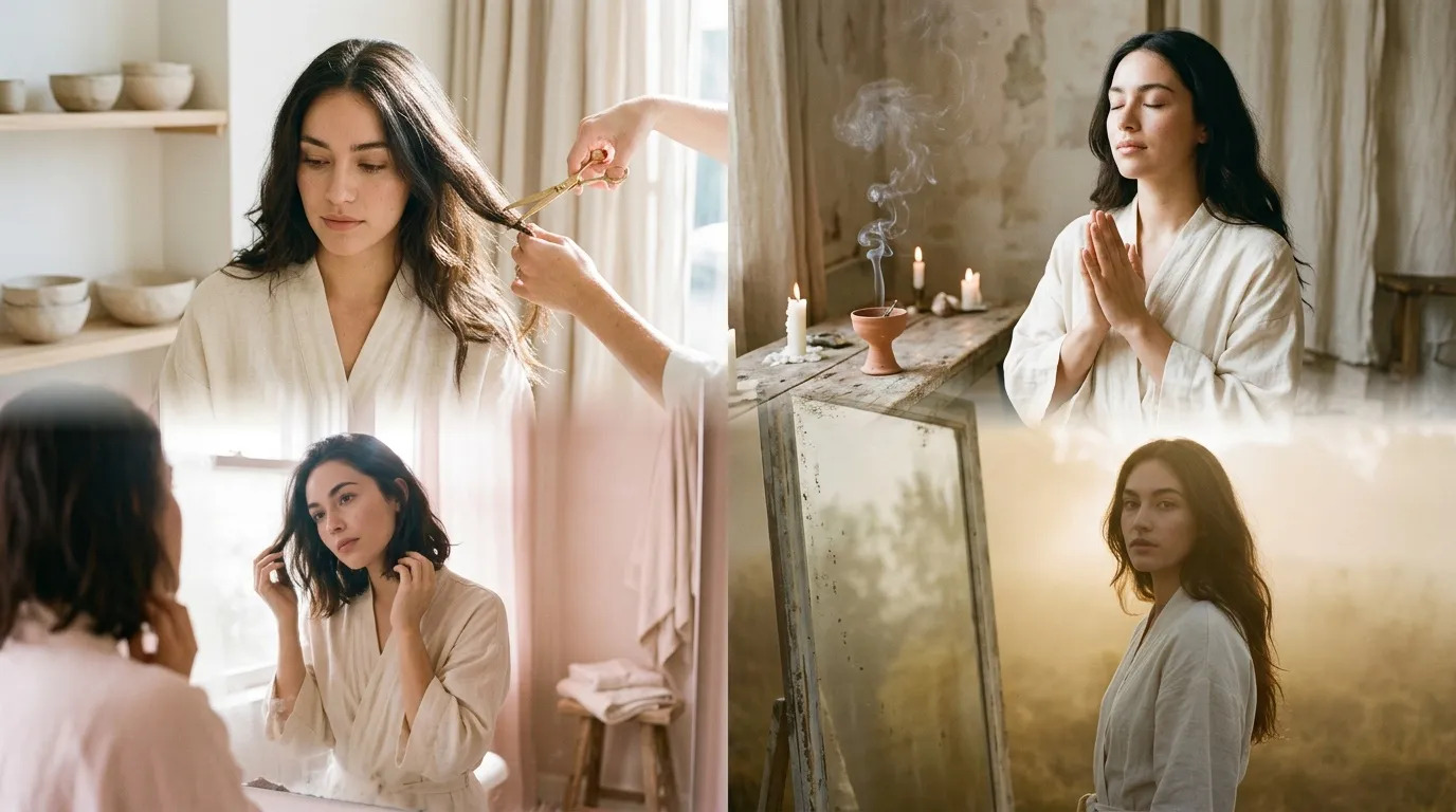 Femme pratiquant soins beaut&eacute; et m&eacute;ditation spirituelle