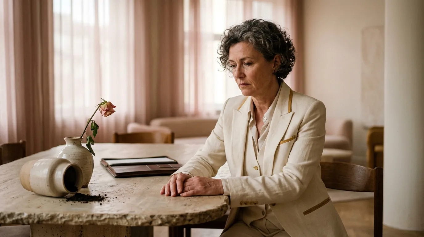 Femme en blazer beige assise &agrave; table de pierre avec fleur fan&eacute;e