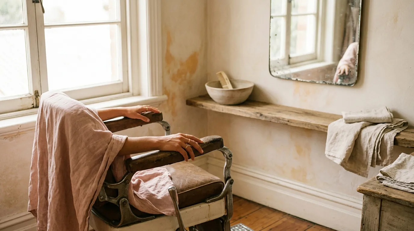 Femme &eacute;tendant du linge rose sur une chaise vintage