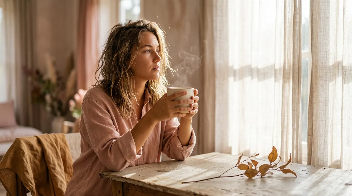Femme assise à une table avec une tasse de café, regardant par la fenêtre