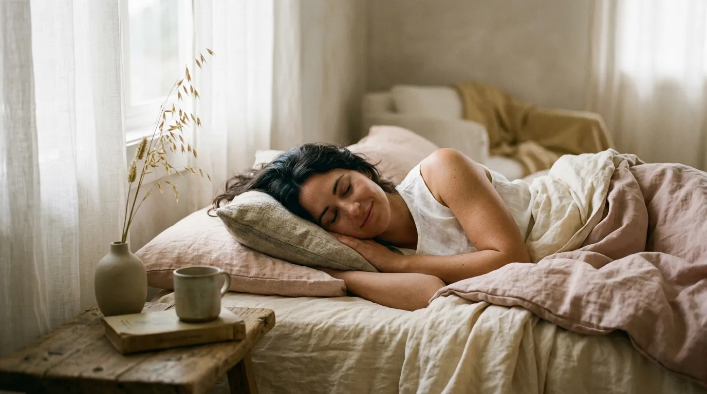 Femme endormie sur lit blanc dans chambre ensoleill&eacute;e