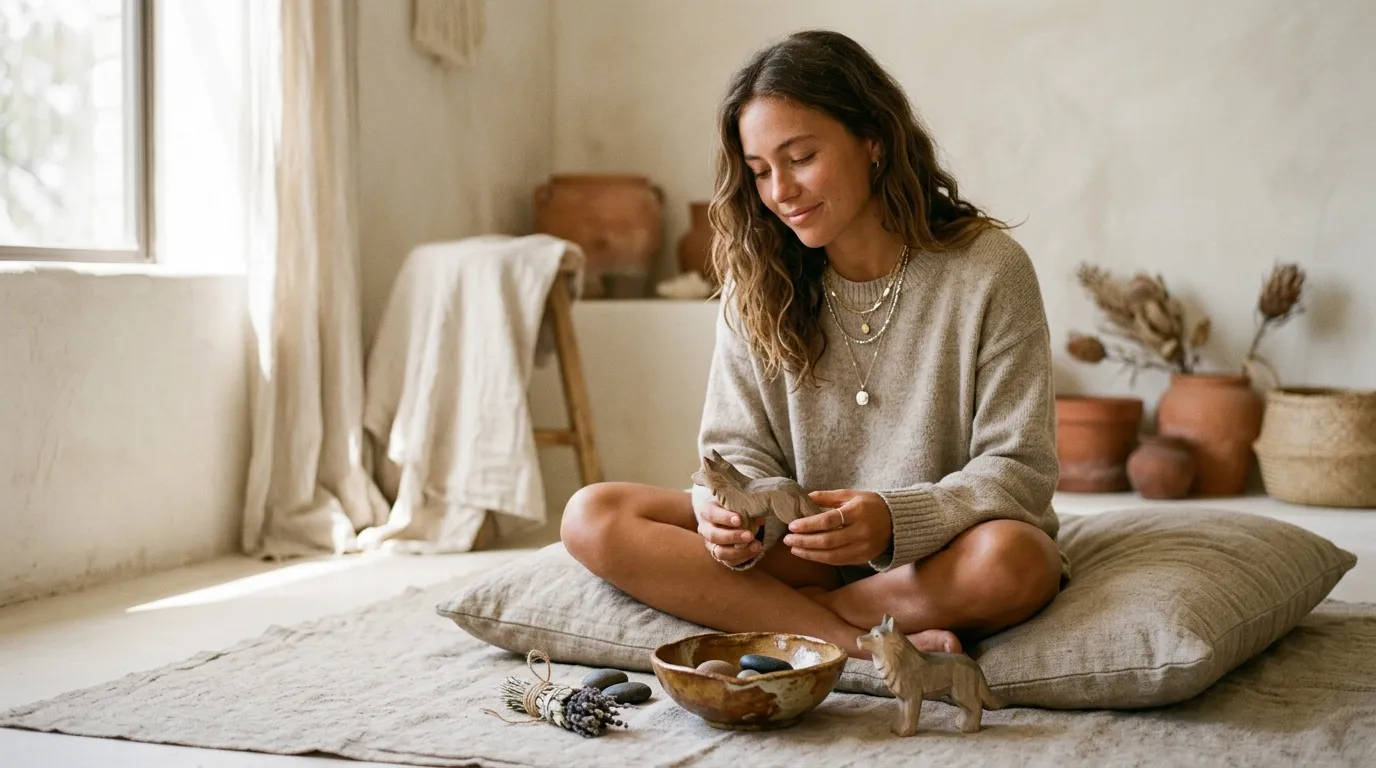 Femme assise m&eacute;dite paisiblement dans un int&eacute;rieur zen.