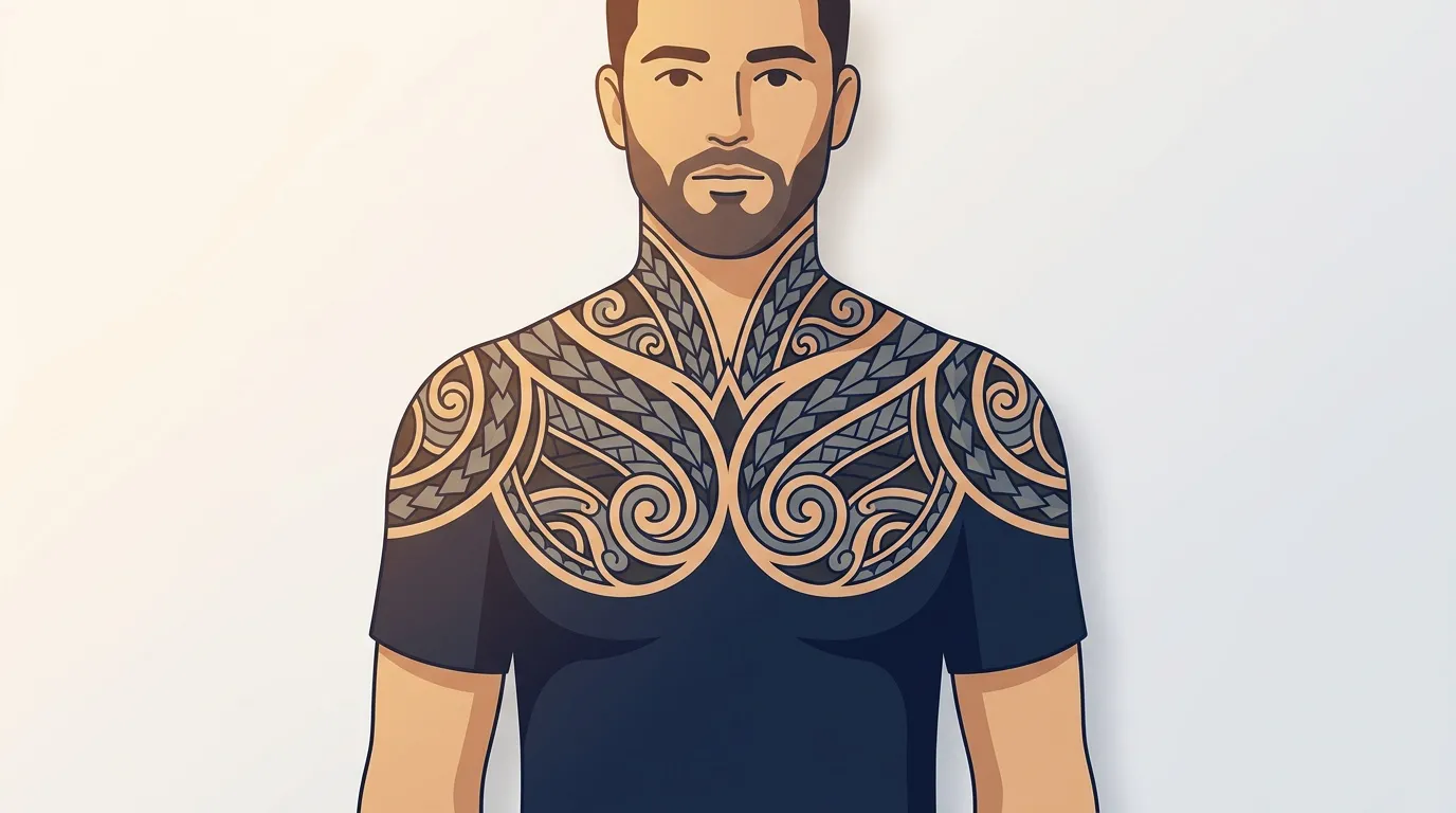 Portrait d'un homme portant un tatouage polynésien traditionnel stylisé