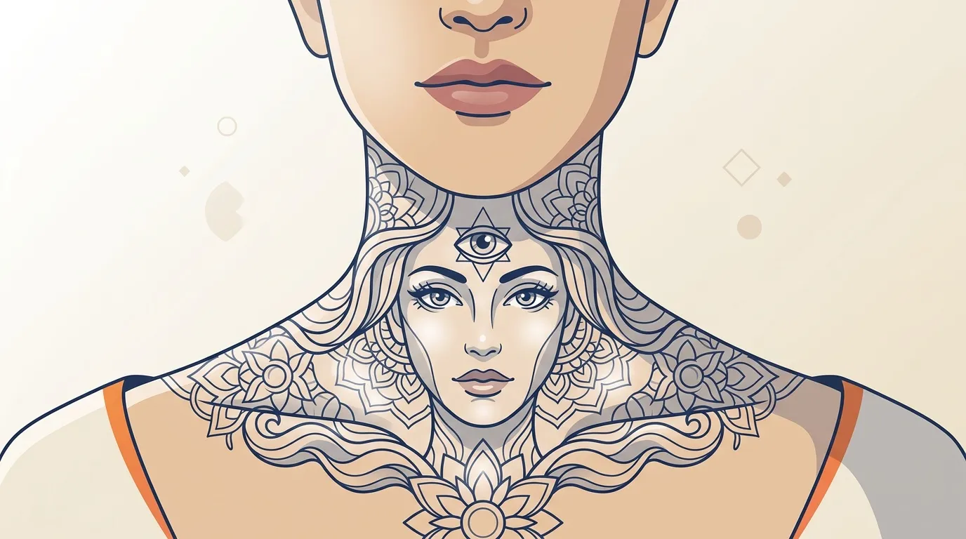 Femme avec tatouage spirituel mandala sur le cou et poitrine