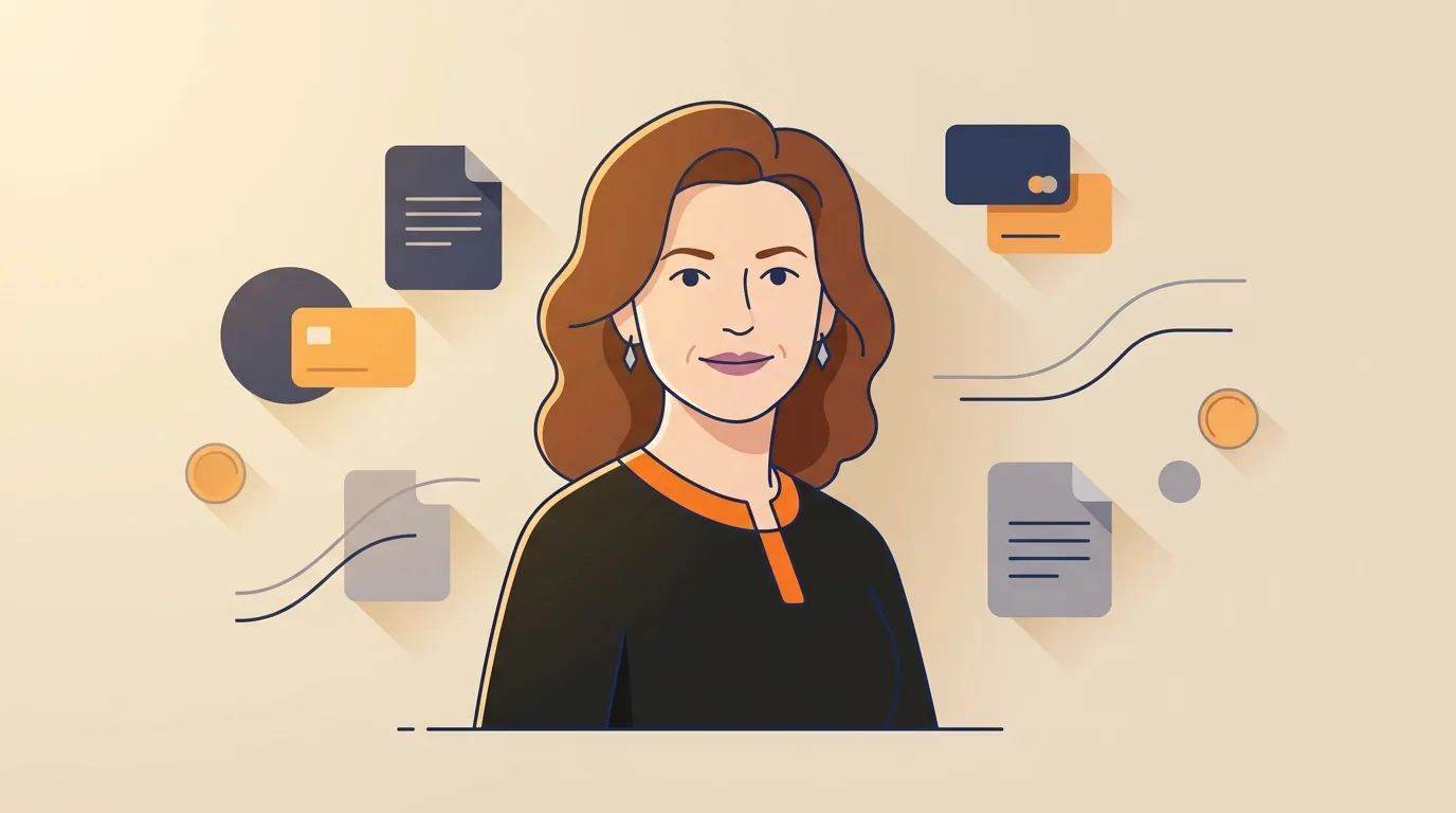 Femme brune entour&eacute;e d'ic&ocirc;nes de documents et portefeuilles num&eacute;riques