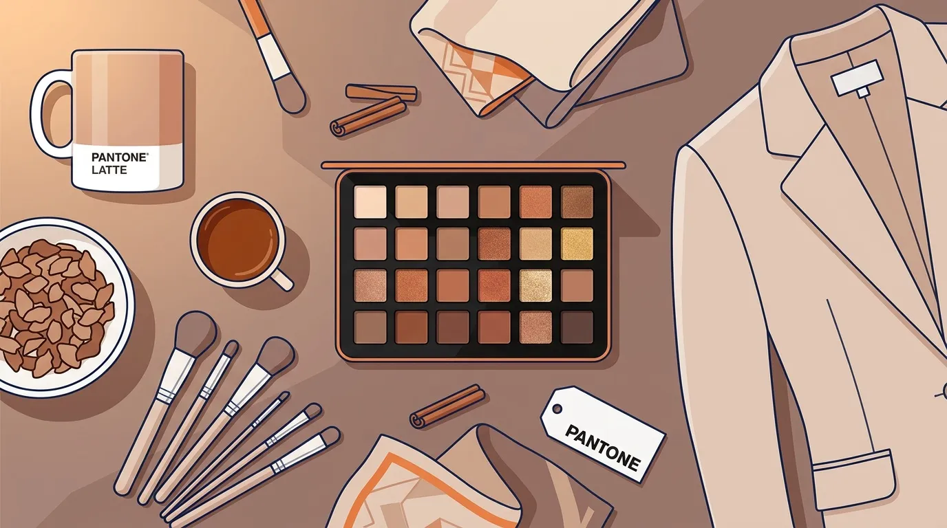 Palette maquillage, pinceaux, caf&eacute; et v&ecirc;tements beiges