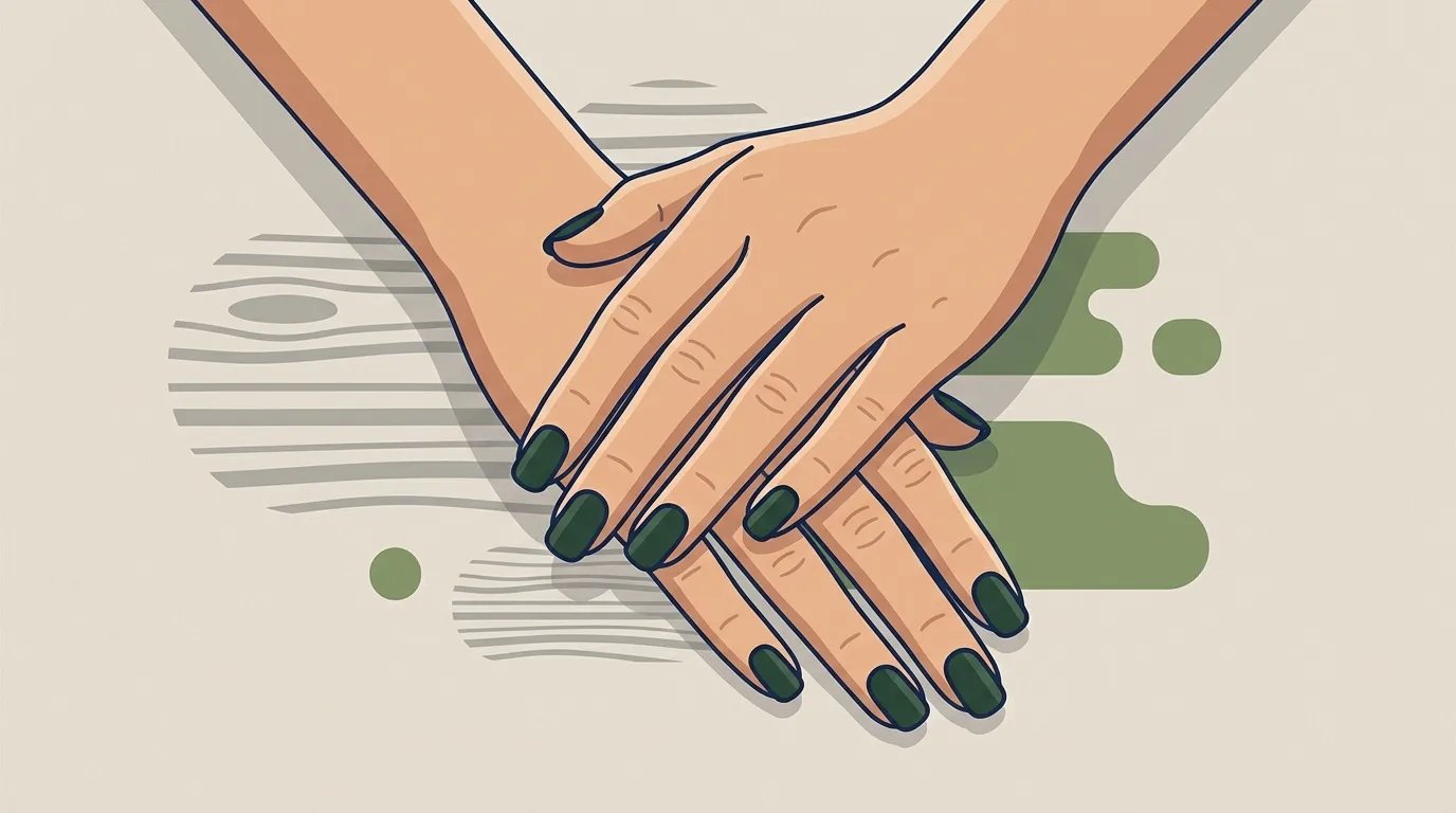 Deux mains avec vernis vert fonc&eacute; et d&eacute;coration florale