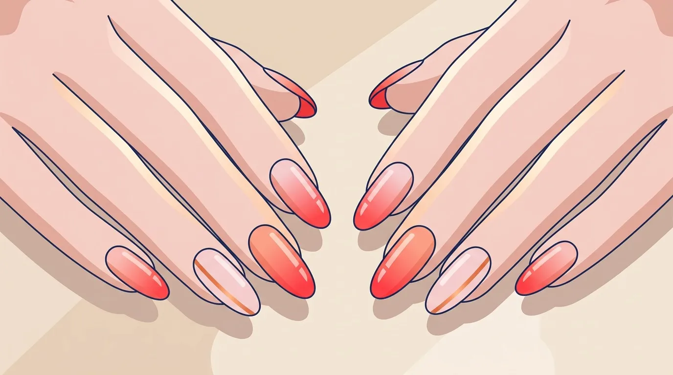 Mains avec ongles longs d&eacute;grad&eacute; rouge rose brillant