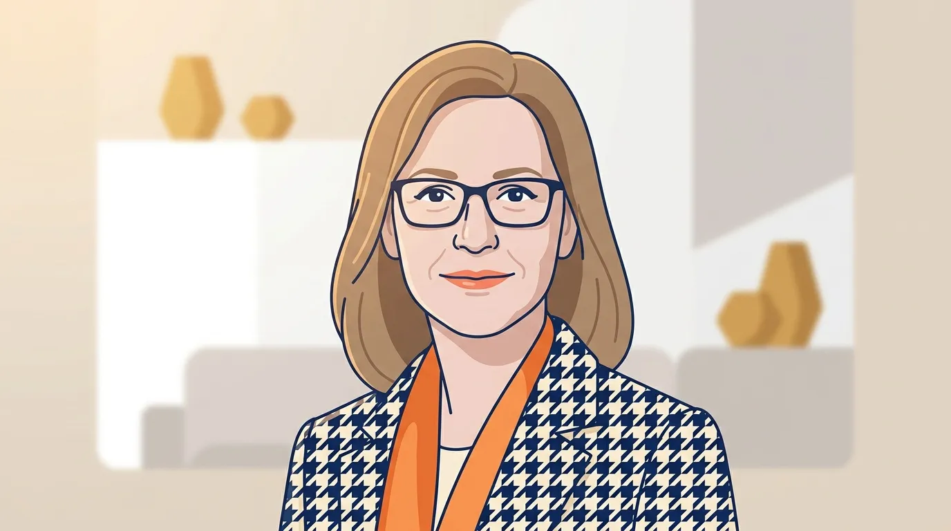 Femme portant des lunettes et un blazer à motifs pied-de-poule