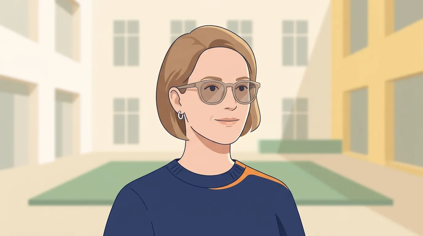 Femme brune avec lunettes dans une cour urbaine