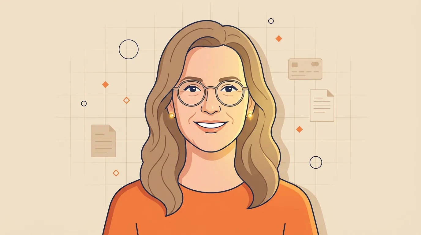 Illustration d'une femme souriante portant des lunettes et un chemise orange