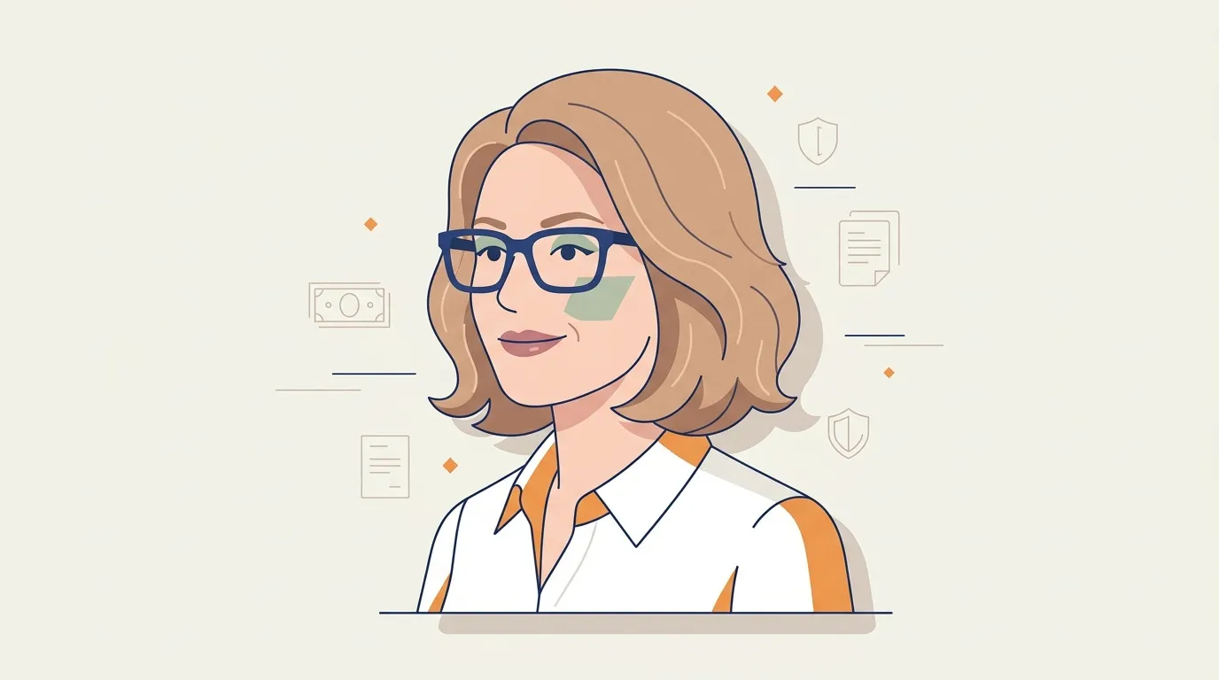 Femme avec lunettes entourée d'icônes professionnelles et financières