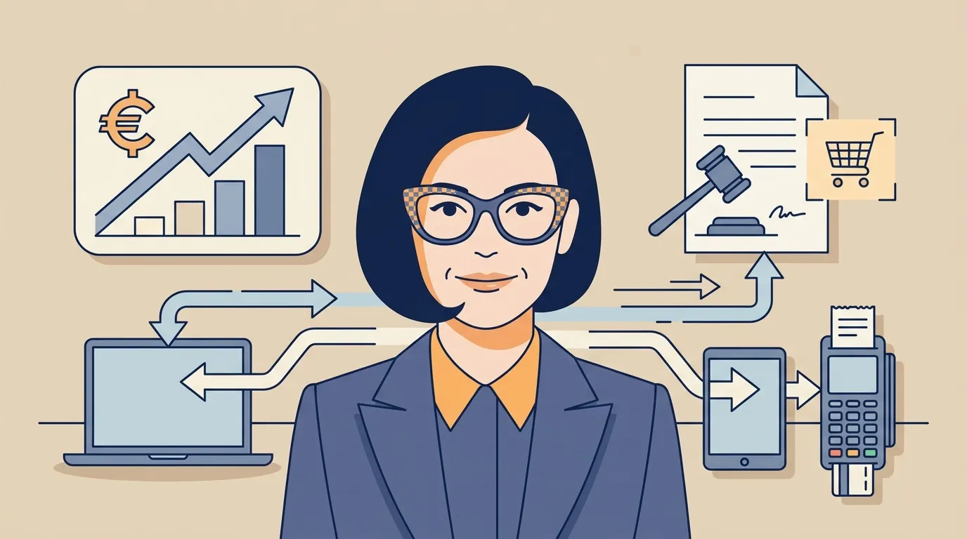 Femme d'affaires entourée d'icônes commerce électronique et technologie