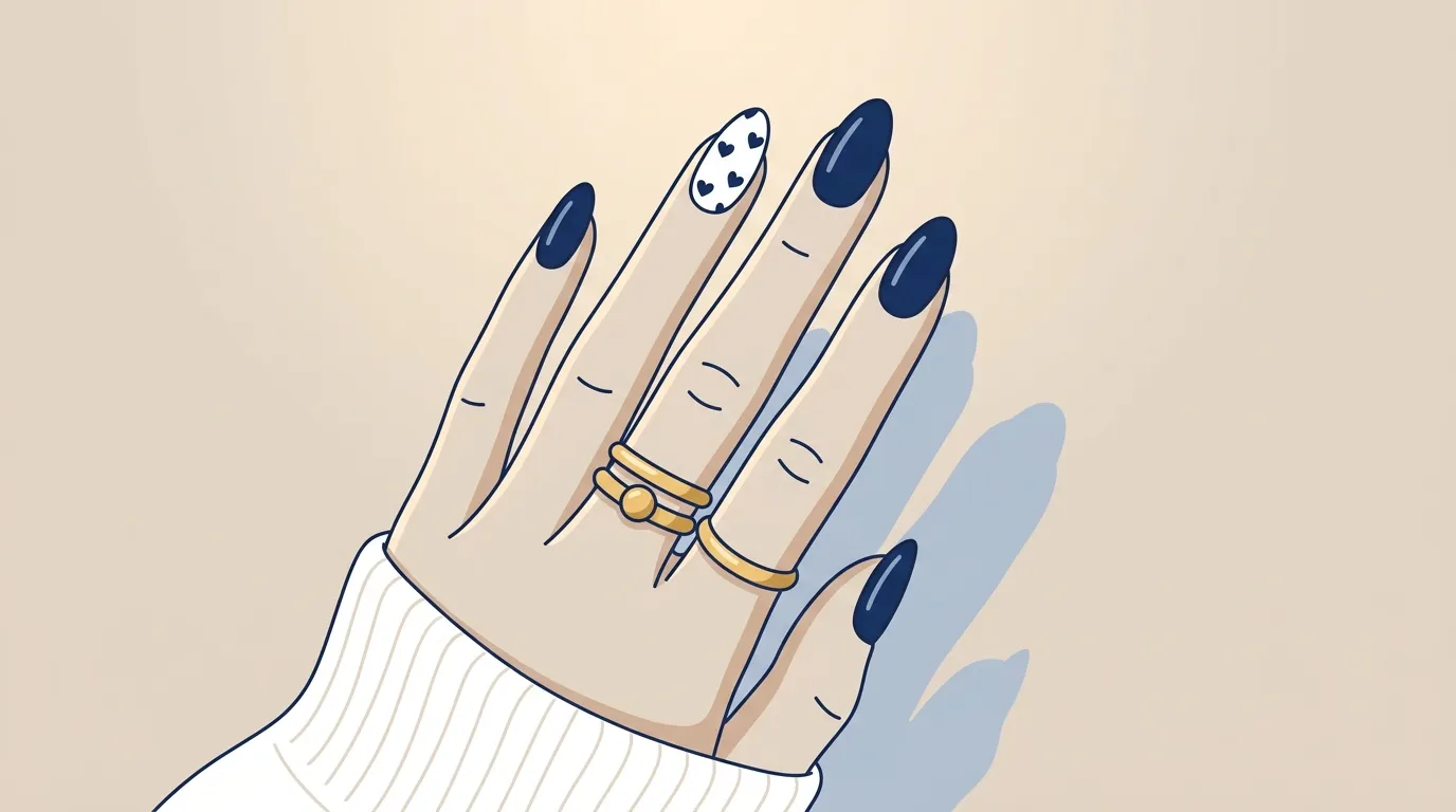 Main avec vernis bleu marine et bagues dor&eacute;es