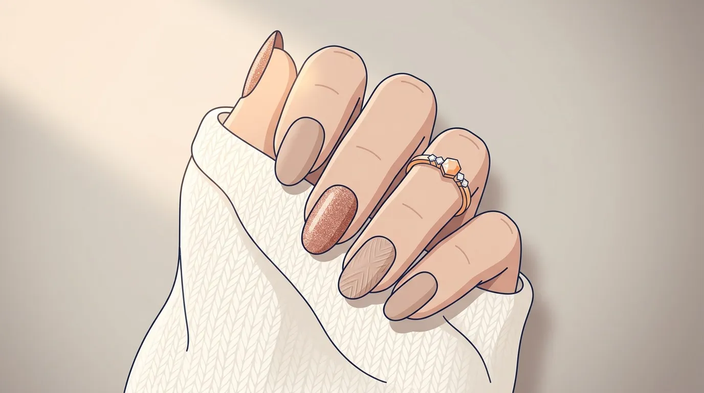 Main avec vernis &agrave; ongles nude et motifs d&eacute;cor&eacute;s
