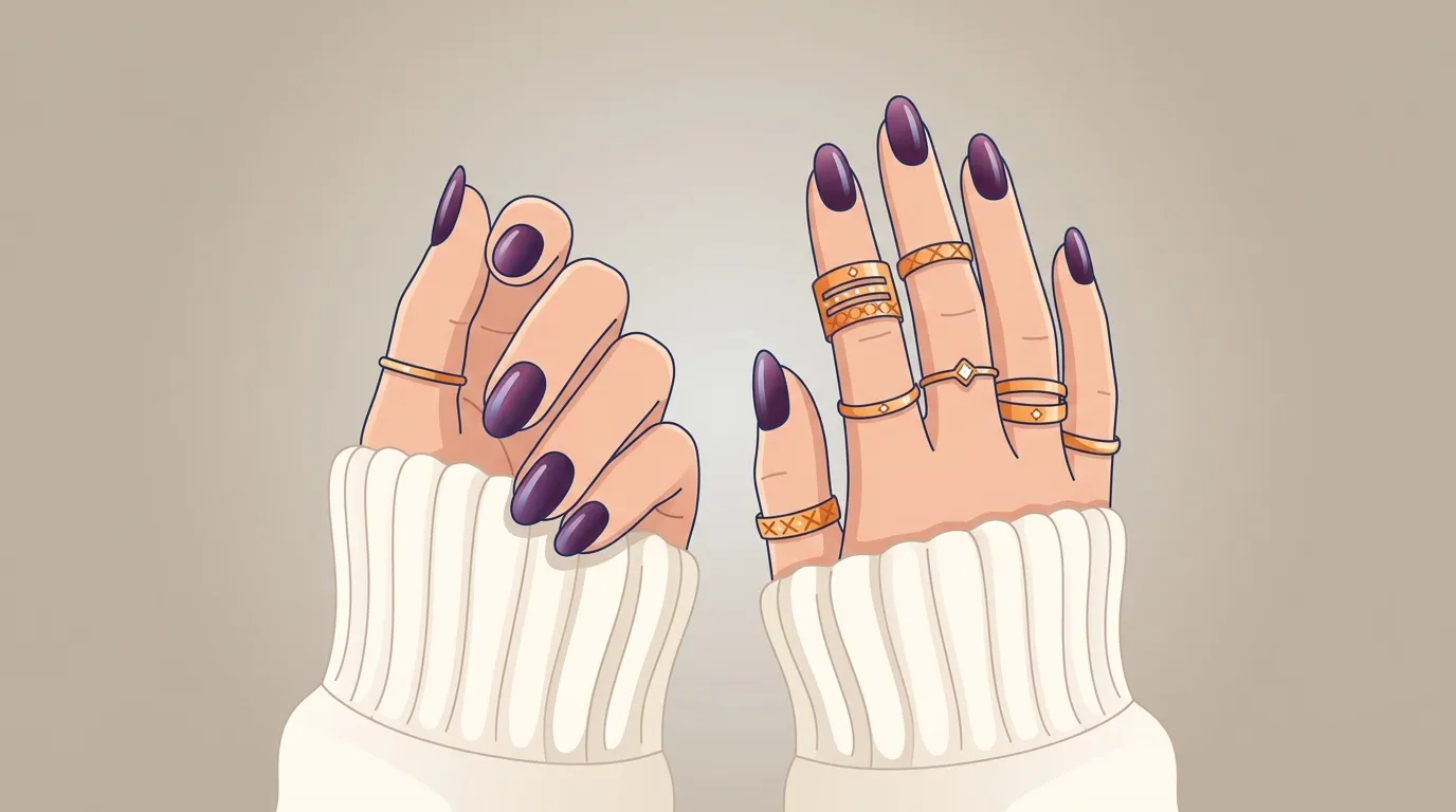 Deux mains avec ongles bordeaux et bagues dor&eacute;es