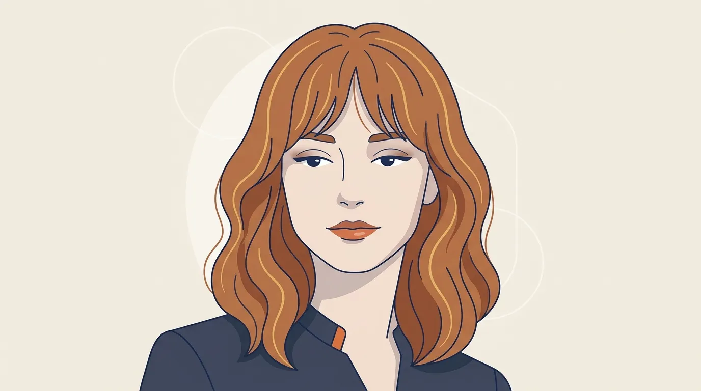Illustration d'une femme avec cheveux ondul&eacute;s roux et chemise bleue