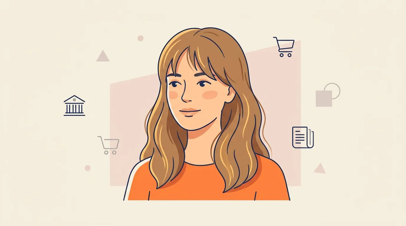 Portrait femme souriante entour&eacute;e ic&ocirc;nes commerce num&eacute;rique
