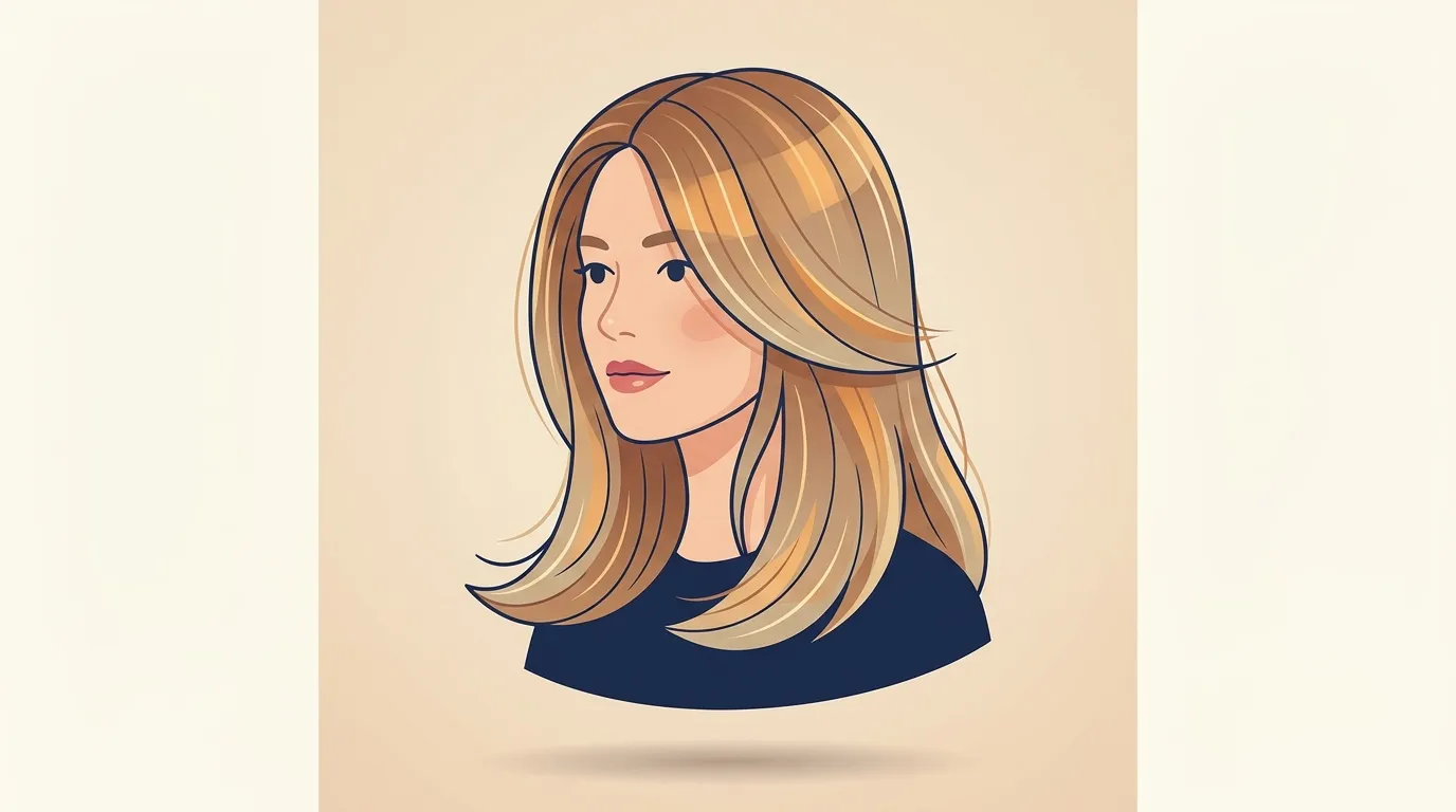 Illustration d'une femme aux cheveux blonds mi-longs, v&ecirc;tue de bleu marine