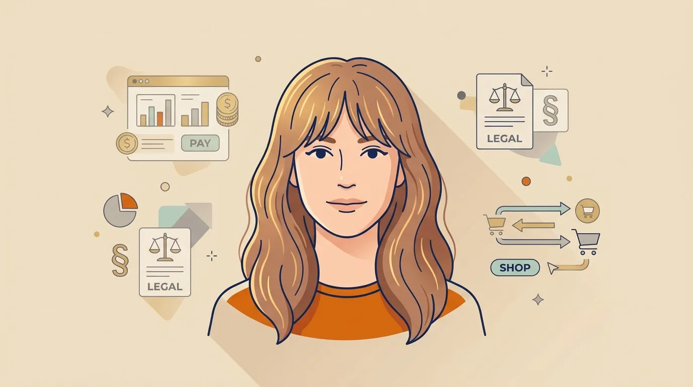 Femme avec ic&ocirc;nes repr&eacute;sentant finance, droit, commerce