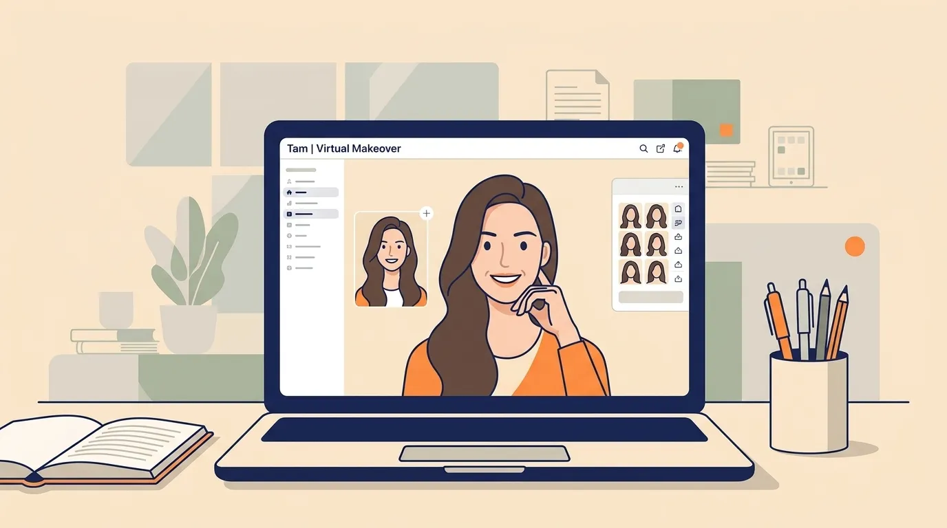 Femme utilisant application makeover virtuel sur ordinateur portable