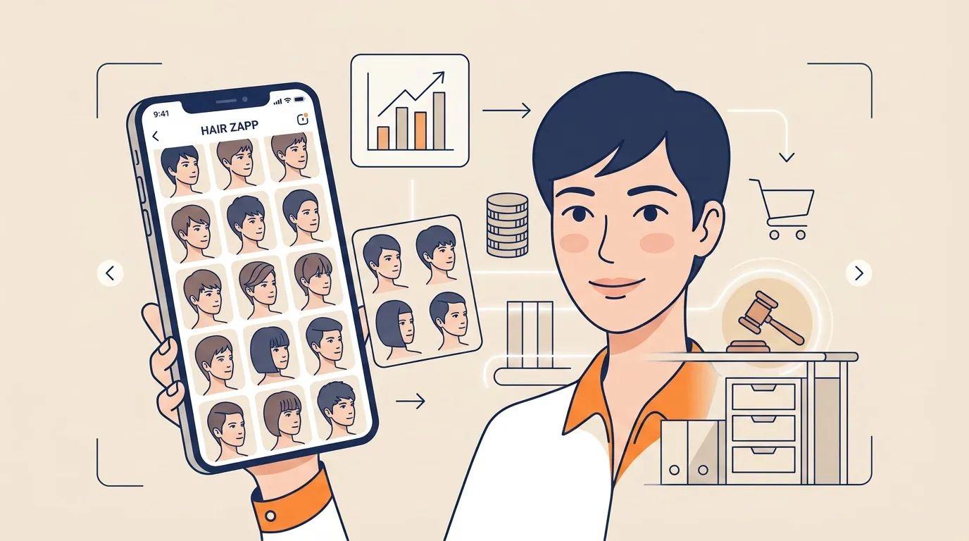 Homme utilisant application HAIR ZAPP pour explorer coupes cheveux