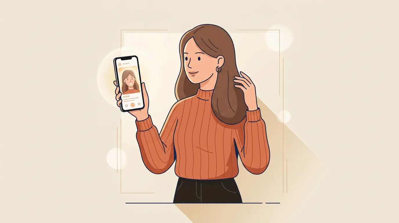 Femme en pull orange tenant t&eacute;l&eacute;phone avec selfie &agrave; l'&eacute;cran