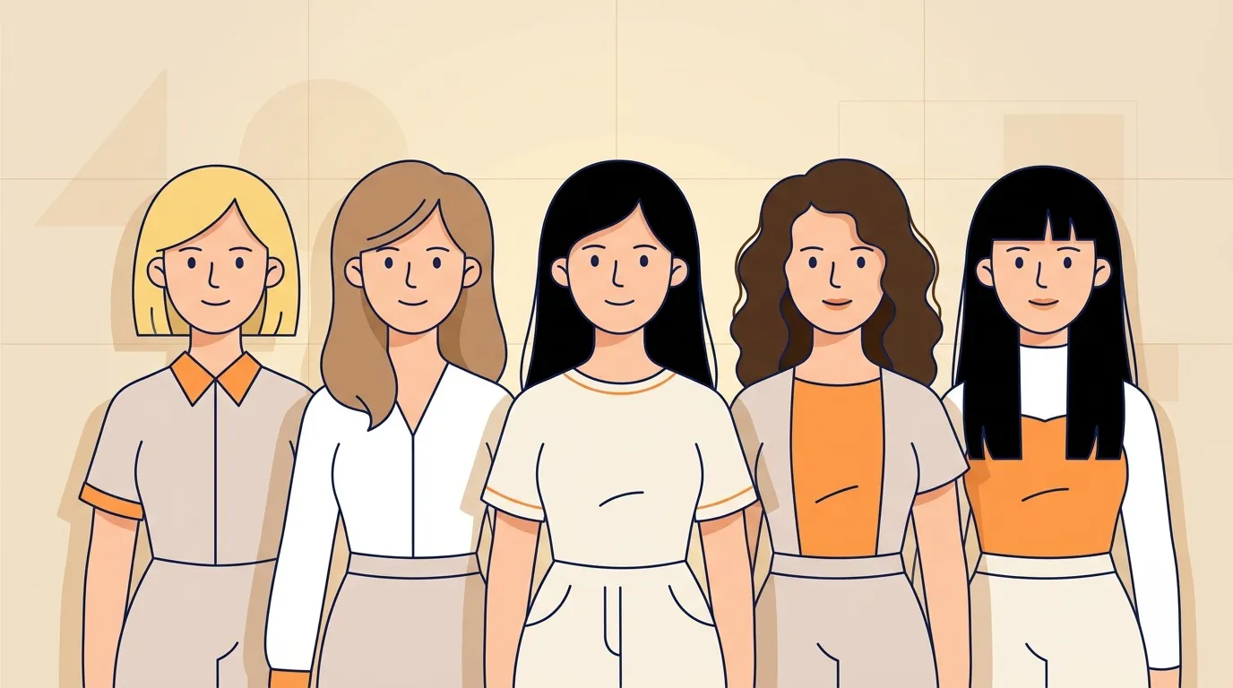 Cinq femmes avec diff&eacute;rentes coiffures et tenues souriantes