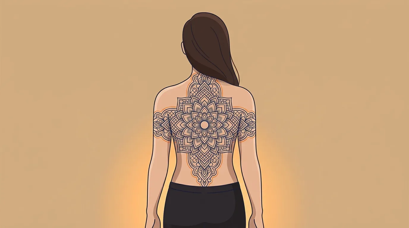 Femme vue de dos avec grand tatouage mandala g&eacute;om&eacute;trique