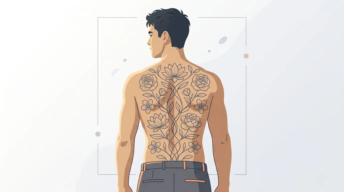 Homme de profil montrant des tatouages floraux sur son dos
