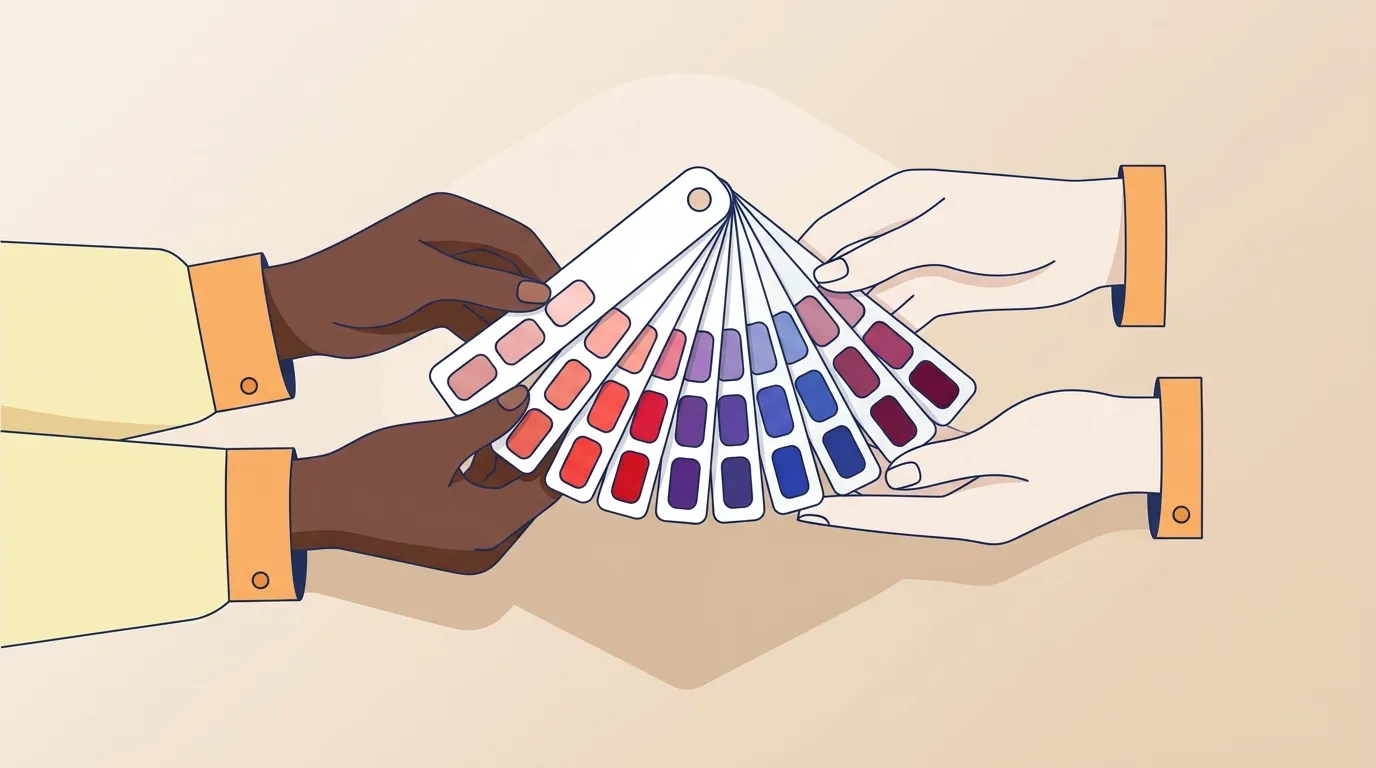 Deux mains de teintes diff&eacute;rentes tenant palette couleurs