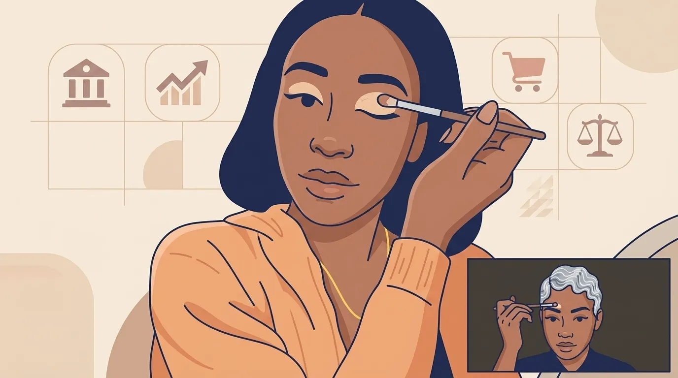 Femme en tenue professionnelle tenant un pinceau, icônes financières en arrière-plan