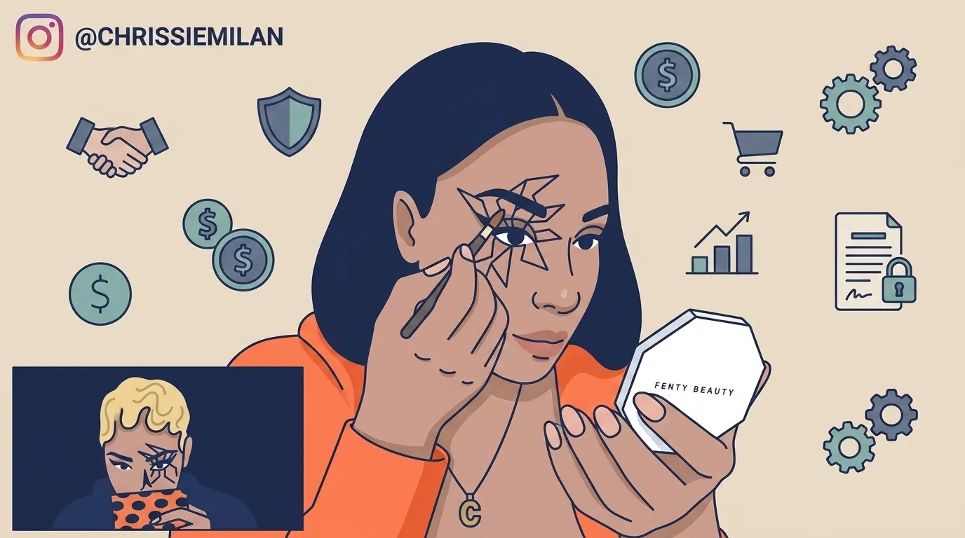 Femme noire présentant produit beauté avec icônes business