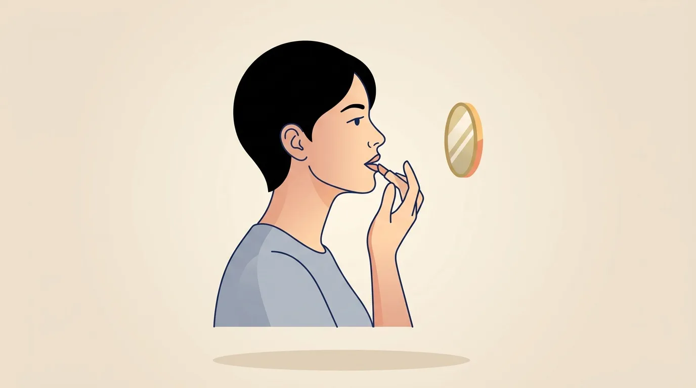 Femme de profil se maquillant les lèvres devant un miroir