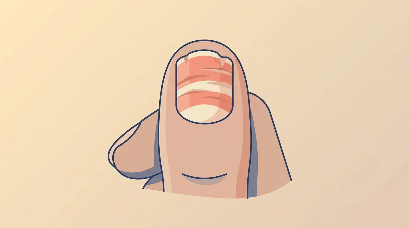 Doigt avec bandage blanc et rouge sur fond beige