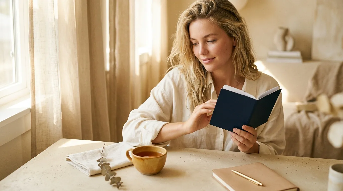 Femme lisant un livre noir près d'une fenêtre avec café