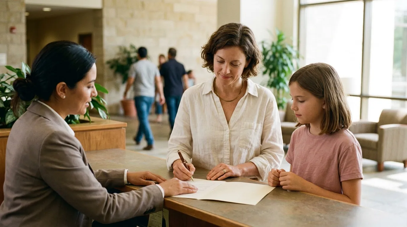 Femme écrit sur formulaire avec deux enfants regardant
