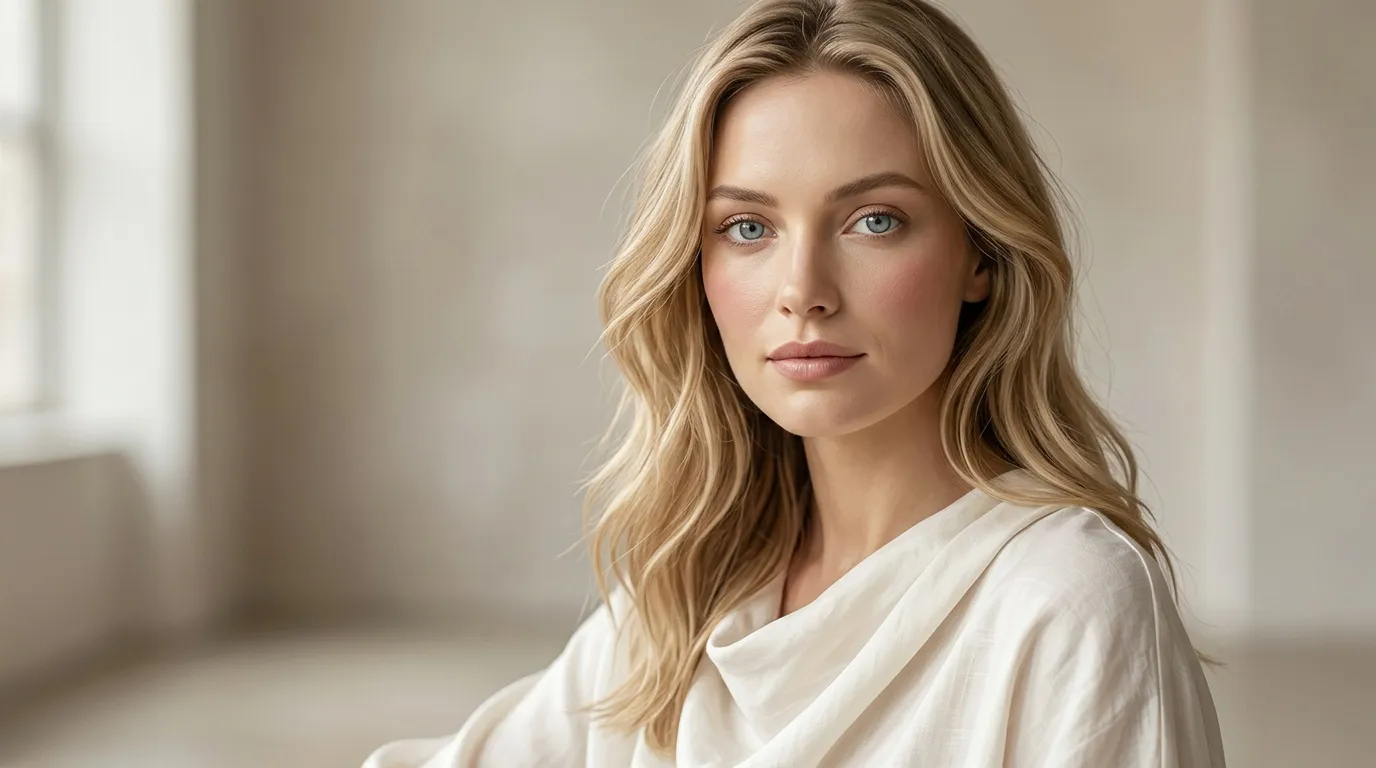 Femme aux cheveux blonds ondulés, regard calme, vêtue de blanc