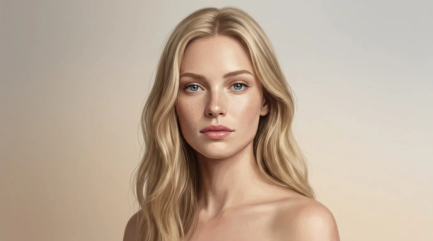 Femme blonde aux yeux bleus, fond neutre beige
