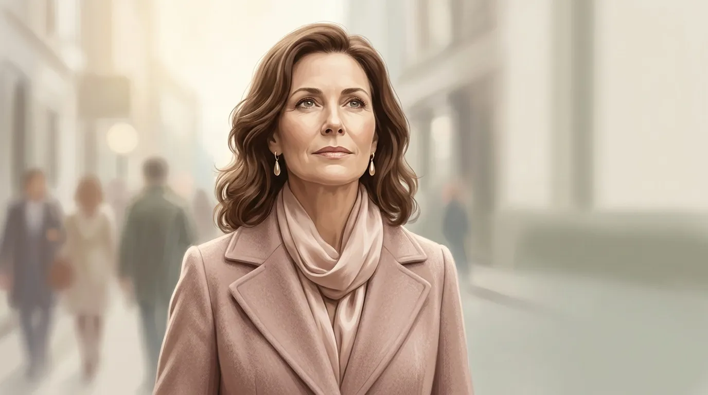 Femme brune en manteau rose, regard pensif, rue urbaine floue