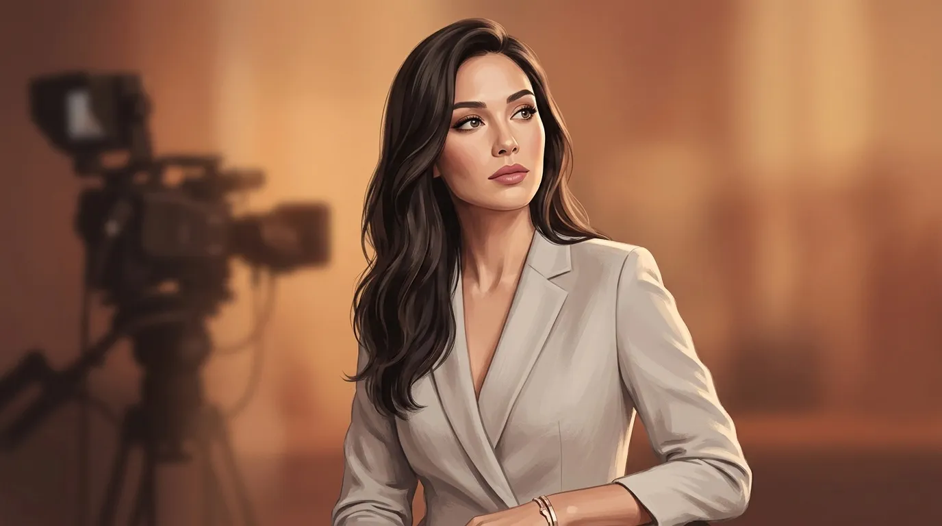 Femme en blazer beige face à caméra professionnelle